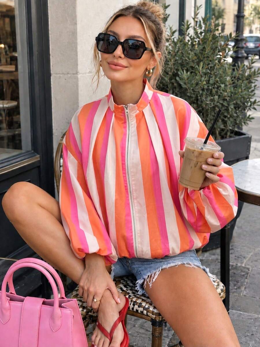Women's Striped Colorblock Zipper Casual Everyday Long Sleeve Jacket - Orange - View 1