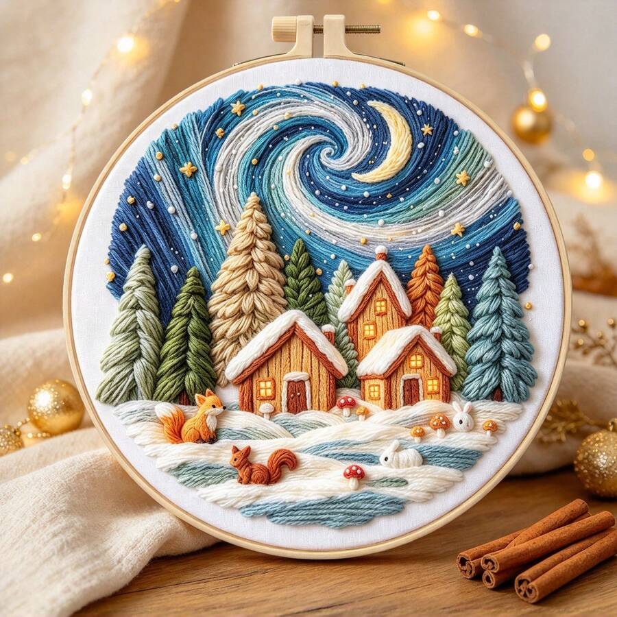 1pc Winter Night Snow Scene DIY Embroidery Kit With Hoop, Healing Starry Sky Cottage, Christmas Holiday Gift, Bedroom Home Decor Ornament