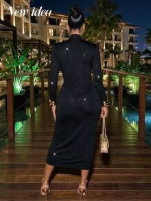 NEW IDEA Women Glam Elegant Black Fall Winter Midi Dress, Mock Neck Long Sleeve Glitter Cutout Ruched Bodycon Cocktail Party Dress - Black - View 6