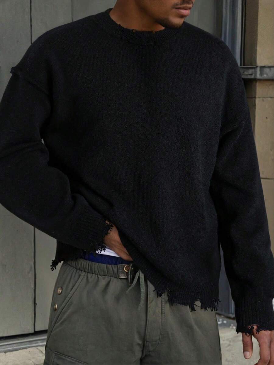 ANDREILEE 秋冬新款中性款做舊流蘇破洞休閒寬鬆美式針織套頭毛衣長袖上衣 - 黑色 - 查看 1