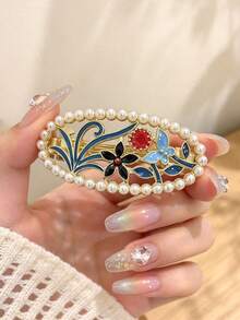 1pc Vintage Colorful Oil Drop Flower Pearl Metal Spring Hair Clip, Exquisite Hair Accessory For Women's Back Head Bun, Party Hair Ornament - Multicolor - View 4
