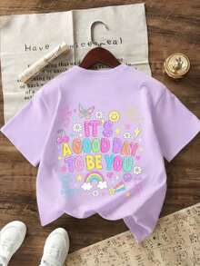 Tween Girl Casual Graphic Print Crew Neck Short Sleeve T-Shirt, Summer Top - Purple - View 1