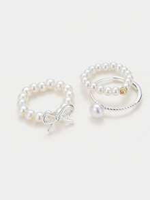 Sorayune 3pcs/Set Minimalist Bow Pearl Beaded Ring Set, Adjustable High-End Stackable Jewelry - White - View 1