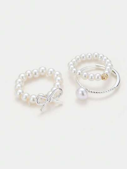 Sorayune 3pcs/Set Minimalist Bow Pearl Beaded Ring Set, Adjustable High-End Stackable Jewelry
