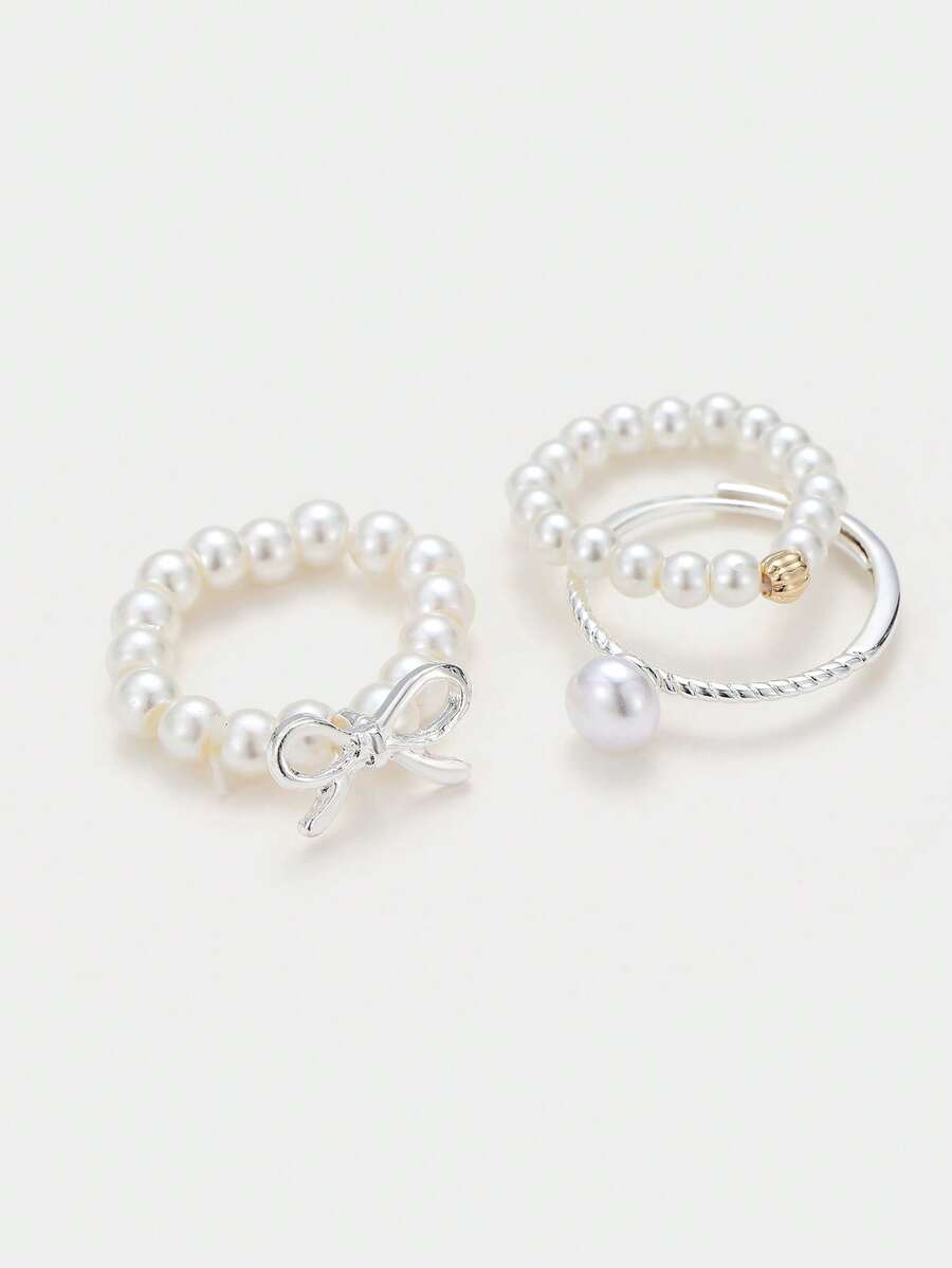 Sorayune 3pcs/Set Minimalist Bow Pearl Beaded Ring Set, Adjustable High-End Stackable Jewelry - White - View 1