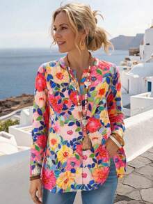 Women's Floral Print Casual Button-Up Shirt, Suitable For Vacation And Spring/Summer Daily Wear - Multicolor - View 1