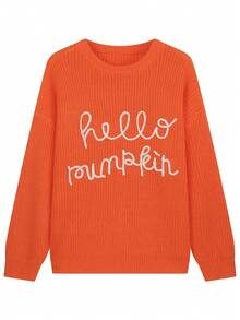 Plus Size Women Fall Winter Crew Neck Sweater, Long Sleeve "Hello Pumpkin" Letter Print Knit Jumper, Casual Top For Commute, Date & Daily Outing - Orange - View 5