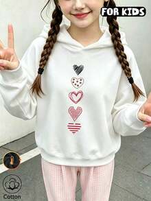 Girls Vertical Mixed Hearts Print Hoodie, Casual Long Sleeve Hooded Sweatshirt - White - View 3