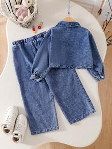 2pcs/Set Girls Blue Elegant Style Pocket Heart Decor Long Sleeve Jacket, Dark & Light Contrast Wide Leg Pants, Autumn - Blue - View 2