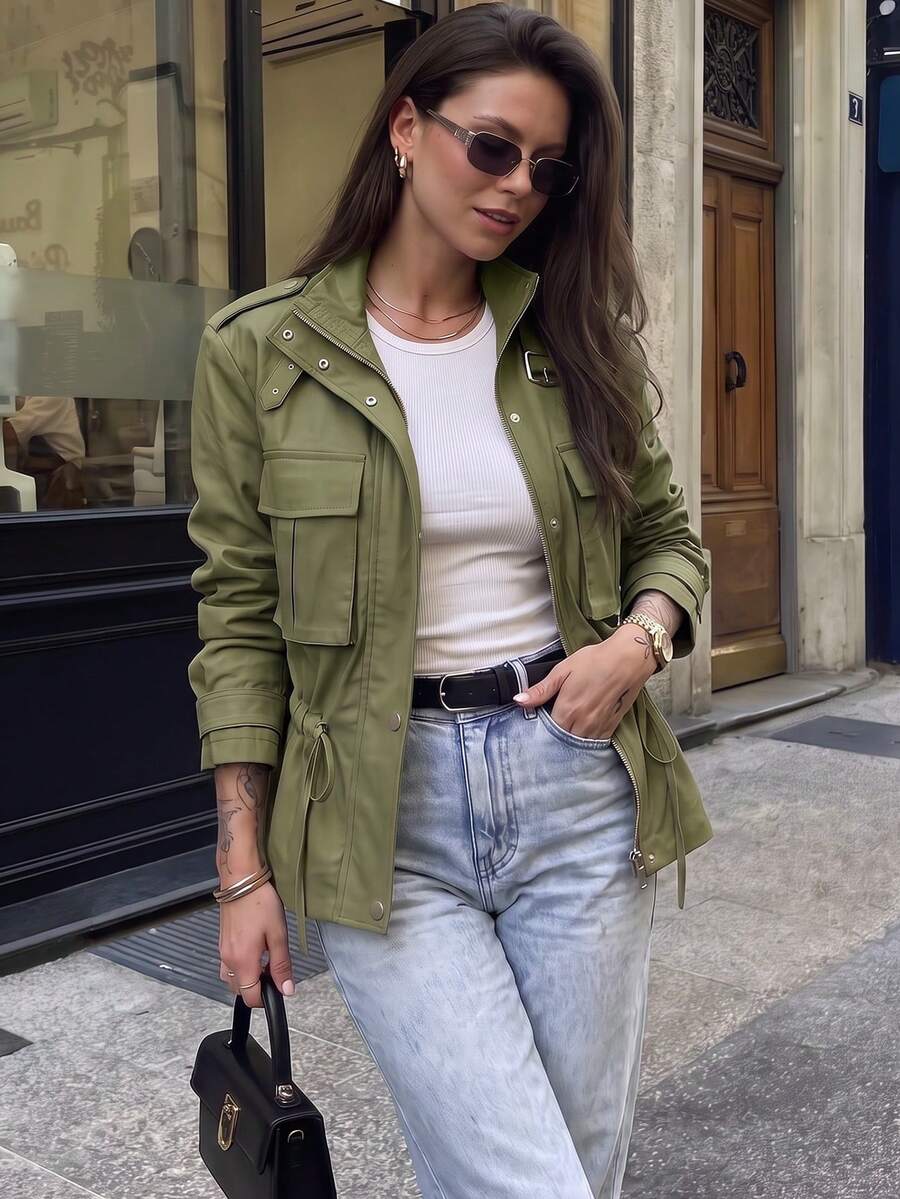 Women's Autumn/Winter Multi-Color Stand Collar Long Sleeve Zipper Cropped Jacket, Utility Stand Collar Waist-Defining Coat, Suitable For Daily Commute
