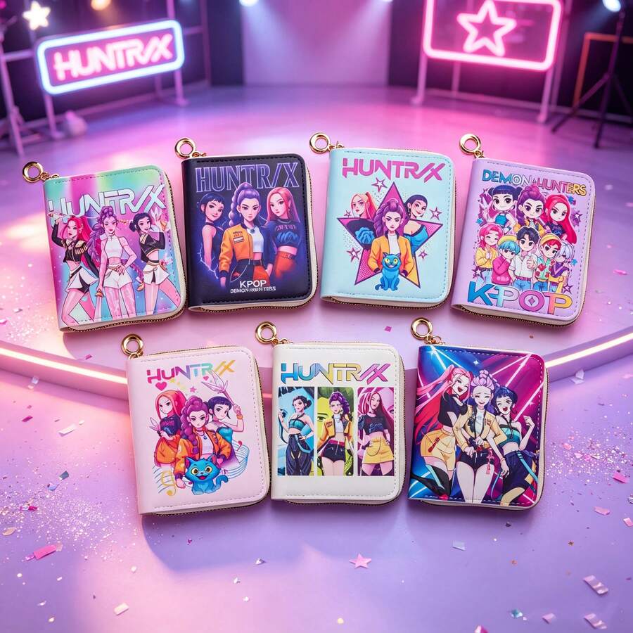 Mesuca Cute PU Leather K-Pop Zipper Mini Wallet, Idol Character Print Multicolor Square Coin Purse With Keychain For Girls Birthday Party - Multicolor - View 1