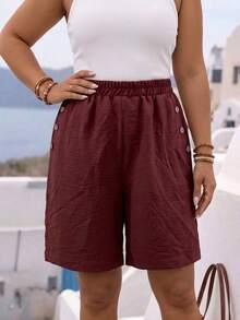 Shorts casuales de talla grande para mujer con botones decorativos de unicolor - Burdeos - Ver 1