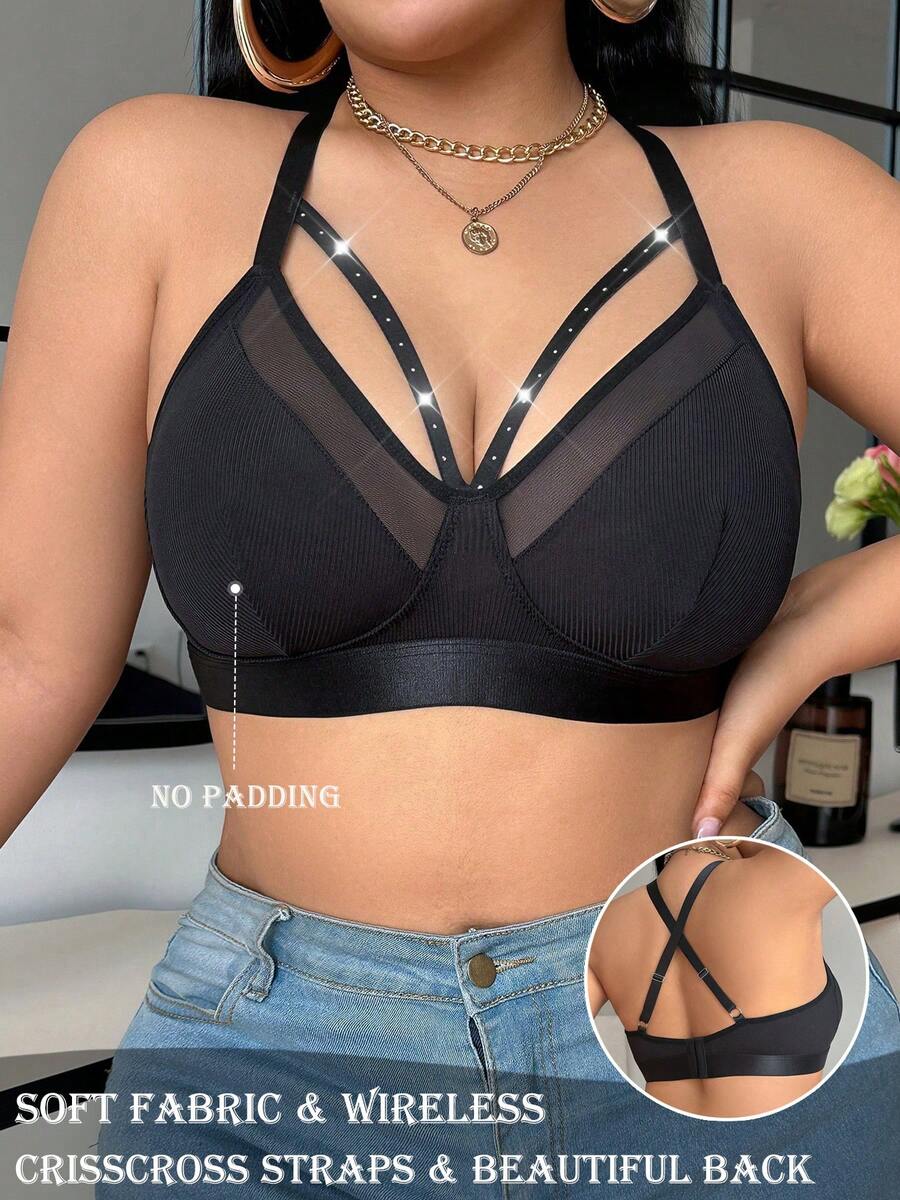 Plus Size Women Solid Color Fashion Bra, Suitable For Summer - Black - View 1