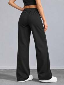AODSR Women's Black Athletic Wide Leg Pants With Drawstring Elastic Waist And Zipper Side Pockets Relaxed Fit For Daily Wear - Black - View 3