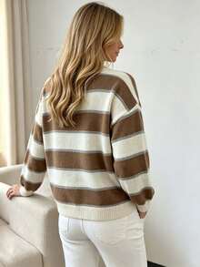 Plus Size Round Neck Striped Colorblock Knit Pullover Sweater - Apricot - View 6