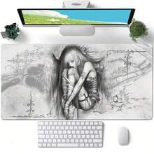 Alas Meja Kulit PU Malaikat Gotik Abu-abu, Alas Mouse Anti Selip Tahan Air Ukuran Besar, Pelindung Meja Pola Sayap Gadis Berbalut Perban Sketsa Vintage, Alas Keyboard Manga Estetika Gelap untuk Dekorasi Meja Belajar dan Bermain Game - View 1