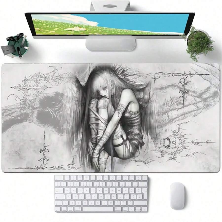 Alas Meja Kulit PU Malaikat Gotik Abu-abu, Alas Mouse Anti Selip Tahan Air Ukuran Besar, Pelindung Meja Pola Sayap Gadis Berbalut Perban Sketsa Vintage, Alas Keyboard Manga Estetika Gelap untuk Dekorasi Meja Belajar dan Bermain Game - View 1