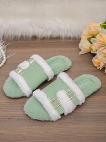 Women's Thermal Lined Fuzzy Slippers, Double Metal Buckle Open Toe Flat Slide, Plush Footbed, Warm Indoor/Outdoor Dual Use, Non-Slip Sole, Autumn/Winter - Premium Light Green and White Faux Fur - View 6
