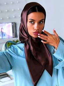 1PC Women Solid Satin Bandana 90*90cm, Versatile Square Head Scarf For Daily Wear - Coffee Brown - View 3