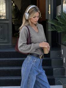 Women Summer Grey V Neck Knit Sweater, Fitted Lantern Long Sleeve Ribbed Cuff Pullover Fall Daily Outfit - Grey - View 5