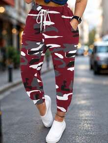 Fashionable Women Camouflage Print Drawstring Casual Pants Spring - Burgundy - View 6