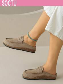 Old Money Style Matte Suede Loafers For Women, Classic Penny Loafer Flat Shoes In Khaki, Comfortable Slip-On Commuter Shoes - Khaki - View 6