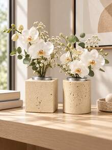1pc/2Pcs Contemporary Style Assorted Shape Vase Set, Hole Textured & Rim Detail, Floral Display Vase, Desktop Ornament For Apartment, Thanksgiving & New Year Home Styling - Yellow Hole Stone - View 3