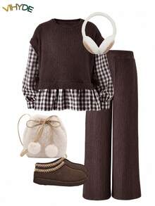 Vihyde Two Pieces Outfit For Tween Girls: Plaid Spliced 2 In 1 Top With Side Bow Decor + Wide-Leg Pants, Daily School Wear - Coffee Brown - View 2