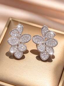 1pair Elegant Leaf Shape Shiny Stud Earrings Cubic Zirconia Women Earring For Girl Birthday Anniversary Daily Decoration Copper Gift Jewelry - Leaf - View 11