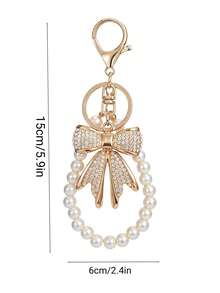 Bow-Knot Keychain Featuring A Faux-Pearl Chain And A Sparkling Bow Charm; Suitable For Handbags, Wallets, And Backpacks-A Stylish Accessory For Women. - Gold - View 6