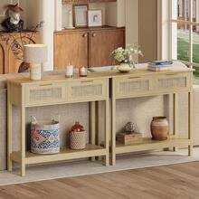 1 Pieza Mesa Consola de Ratán, Mesa Consola de Madera Natural con 2 Cajones y 2 Niveles, Diseño Largo y Estrecho, Estante Abierto, Estilo Bohemio Farmhouse, para Sala de Estar, Entrada, Recámara y Bar de Café - Natural - Ver 3