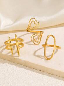 3pcs Stainless Steel Gold-Tone Luxury Fashion Minimalist Casual Geometric Heart Oval Line Ring Set, Suitable For Women's Daily, Holiday, Shopping Wear - Multicolor - View 3