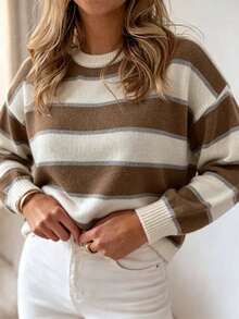 Plus Size Round Neck Striped Colorblock Knit Pullover Sweater - Apricot - View 2