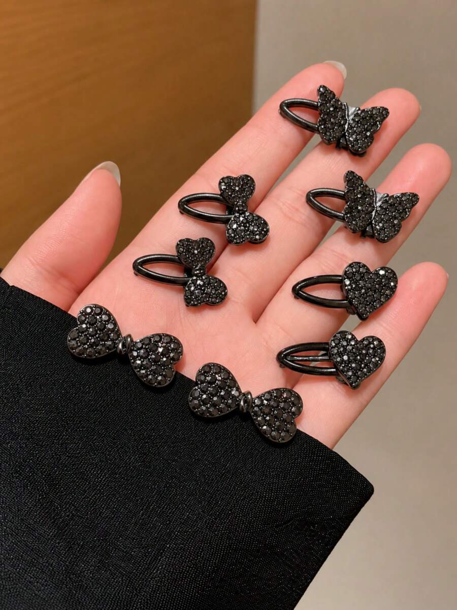 8件組女士精緻迷你黑色水鑽蝴蝶、愛心蝴蝶結鱷魚夾髮夾，適用於側瀏海、額前髮絲，送女友的完美禮物，適合返校季、約會、海邊度假、日常通勤，易打造造型的實用髮飾禮品