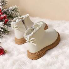 Girls' Mori Style Ruffled Bow Ankle Boots, Cream White Side Zipper Design, Suitable For Christmas Outfits And Holiday Gatherings - Beige - View 6