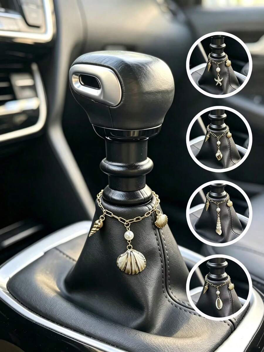 1pc Beach Style Seashell & Pearl Car Gear Shift Knob Decor Chain, Auto Interior Gear Lever Ornament - A - View 1