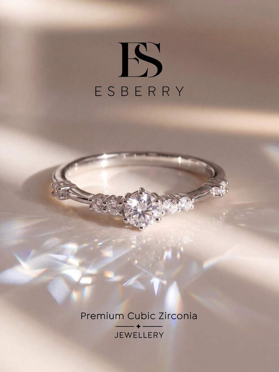 ESBERRY 1pc Shiny Thin Ring, Exquisite Jewelry Gift, Suitable For Wedding, Engagement, Bridal Wear - Silver - View 1