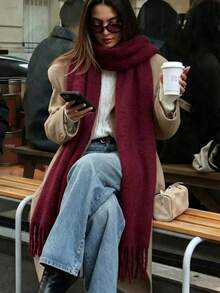 1PC Winter Warm Solid Color Thick Scarf, Suitable For Both Men And Women With Thick Knitted Tassel Scarf, A Couple Style Gift For Friends And Family - Burgundy - View 5