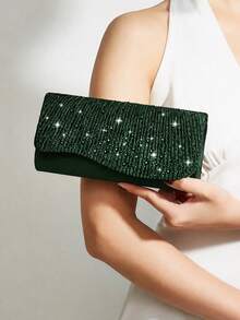 REMANLAND Fashionable Deep Green Party Clutch, Eye-Catching Pleated Satin Design With Sparkling Rhinestones, Suitable For Prom, Cocktail Party And Special Occasion Evening Bag - Dark Green - View 8
