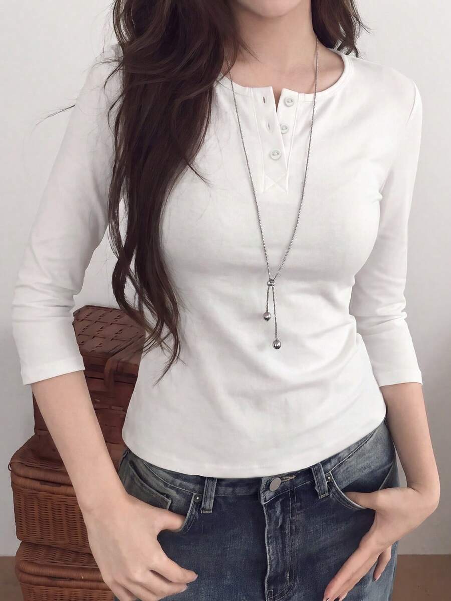 Solid Color Round Neck 3-Button 3/4 Sleeve T-Shirt - White - View 1