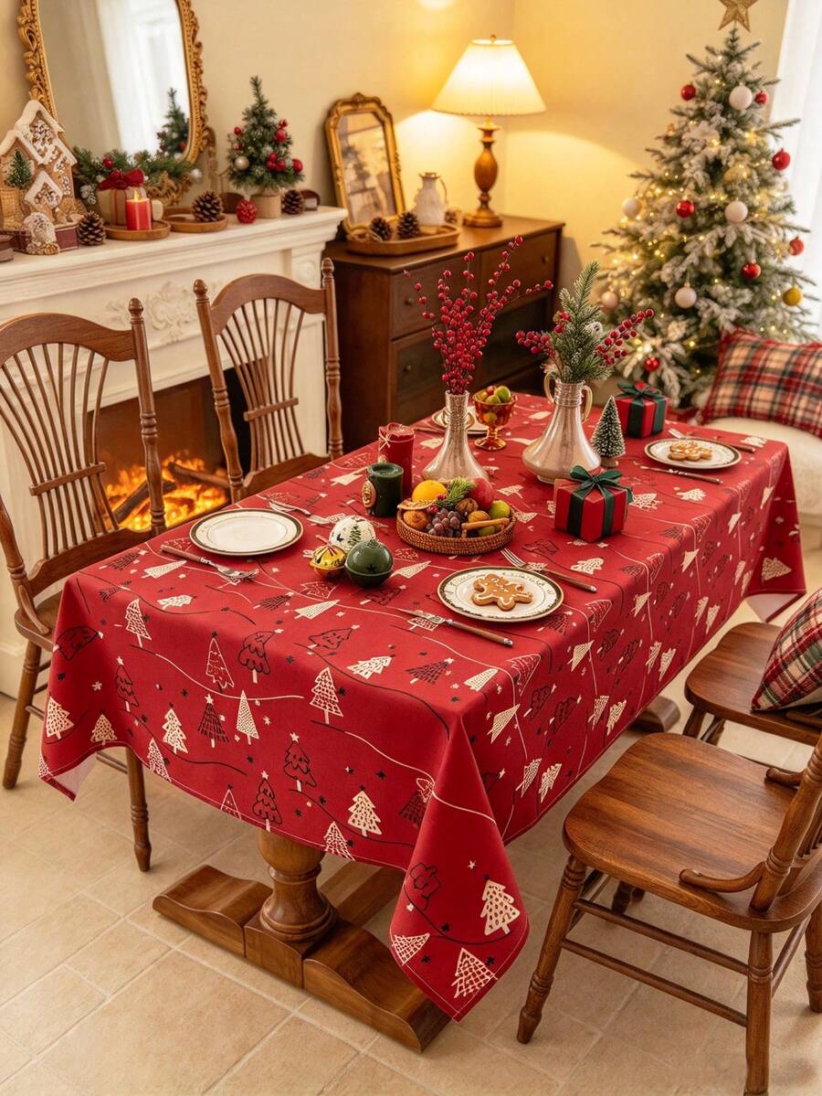 MineLain 1pc Merry Christmas Red Christmas Tablecloth, Cute Christmas Tree Pattern, Rectangular Tablecloth, Coffee Table, Bedside Table, Sideboard, Small Round Table Cover, Desktop Decoration, Holiday Home Decor, Suitable For Kitchen, Dining Room, Bedroom, Living Room, Party, Holiday, New Year Decoration, Christmas Decoration, Christmas Gift - Red - View 1