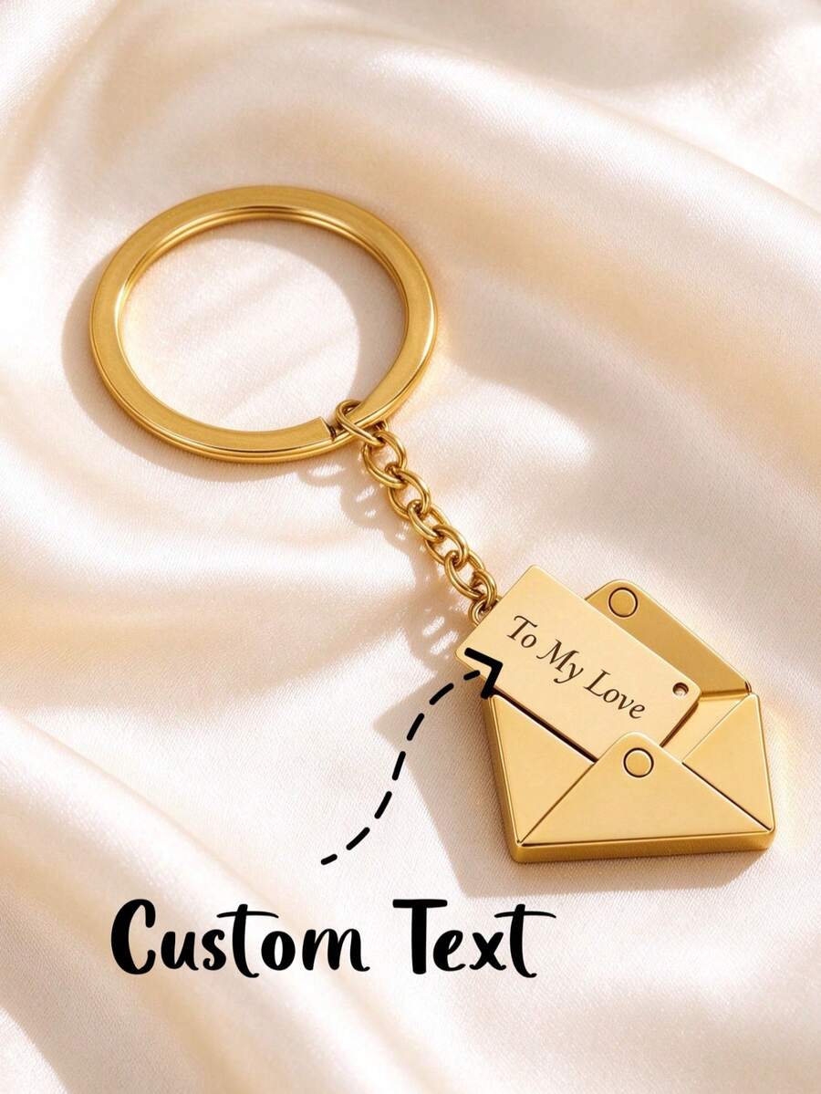 1pc Stainless Steel Envelope Shaped Keychain, Customizable Text, Hidden Message Design, Metal Texture Key Pendant. Couple, Family, Friends Commemorative Gift, Suitable For Birthday, Valentine's Day, Christmas, 3 Colors Available, Matches Bags And Keys, Simple Versatile Personalized Accessory - Multicolor - View 1