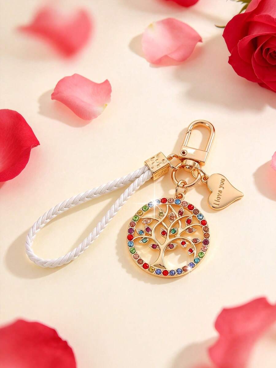 1pc Fashionable European And American Style Luxurious Creative High-End Round Mixed Color Tree Of Life Money Tree Keychain Bag Pendant, Suitable For Women's Car Key Bag Pendant Decoration And Gift - Gold - View 1