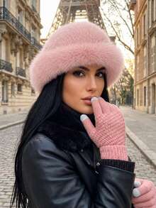 2pcs Set Autumn/Winter Faux Fur Plush Bucket Hat & Touchscreen Knit Gloves, Vintage Warm Bucket Hat & Cold-Proof Gloves Set - Multicolor - View 1