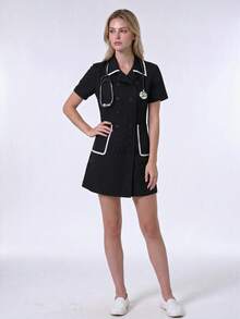 cimmuovere 缎带设计双排扣领带口袋松紧腰带休闲或职业通勤优雅女士口袋实验服手术服护士诊所牙医美容院心理咨询私人护理连衣裙兽医医院黑色 - 黑色 - 查看 4