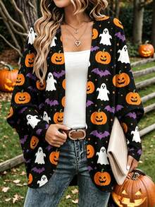 Women's Halloween Pumpkin Ghost Bat Print Cardigan Long Sleeve Loose Knit Sweater - Black - View 3