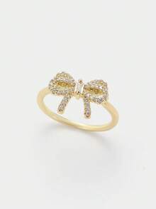 Sorayune 1pc Fashionable Personalized Sweet Creative Design Micro-Inlaid Cubic Zirconia Bowknot Open Ring - Gold - View 2