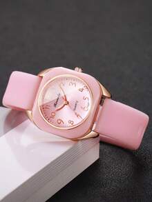 Women's Fashion Gentle Style Watch, Silicone Strap Square Digital Scale Dial Quartz Wristwatch, Gift For Girlfriend (1pc/Set) Watch Box Not Included - Pink - View 7