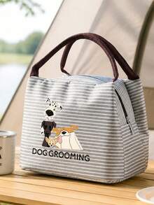 Cute Dog & "Dog Grooming" Striped Lunch Bag, Handbag, Striped Design, Multi-Functional Storage Bag, Lightweight Travel Handbag, Exquisite Gift - Multicolor - View 1