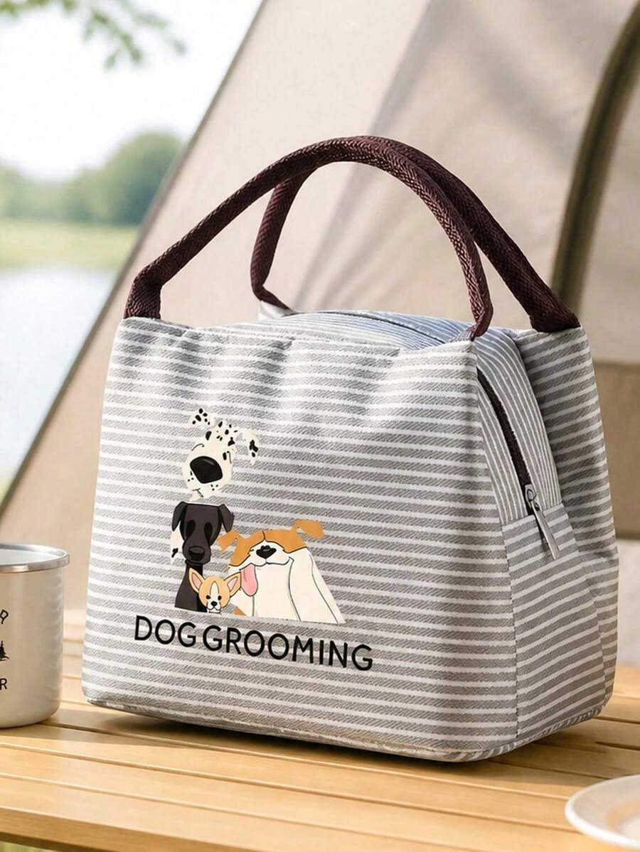 Cute Dog & "Dog Grooming" Striped Lunch Bag, Handbag, Striped Design, Multi-Functional Storage Bag, Lightweight Travel Handbag, Exquisite Gift - Multicolor - View 1